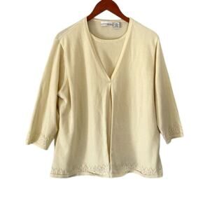 Pale Butter Yellow 3/4 Sleeve Cotton Blend Mock Shirt/Top Cardigan Combo/Set 2X
